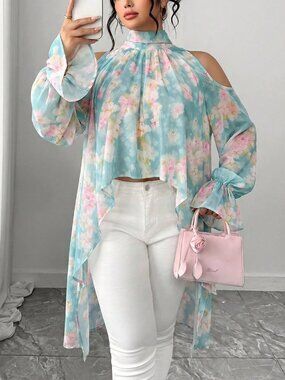 Mint Blue Casual Women's Plus Size Elegant Soft Floral Print Chiffon Blouse